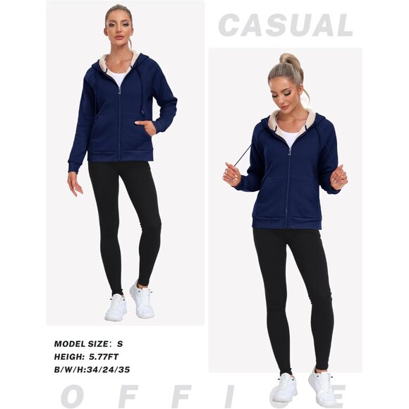 Women's Fleece Zip Up Hoodie Sherpa Lined Winter Jacket with Pockets Large - Picture 7 of 9